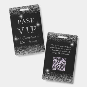 Glitzy Black & Silver Sparkly VIP Birthday Pass ID Badge