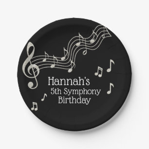 Glitzy Black & White Musical Notes Birthday Paper Plate
