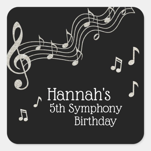 Glitzy Black & White Musical Notes Birthday  Square Sticker (Front)