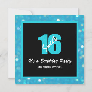 Glitzy Bleu Black Sweet 16 Invitations de fête