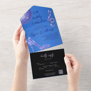 Glitzy Blue & Black 30th Birthday QR Code All In One Invitation