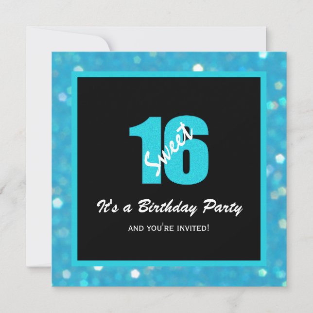 Glitzy Blue Black Sweet 16 Party Invitations (Front)