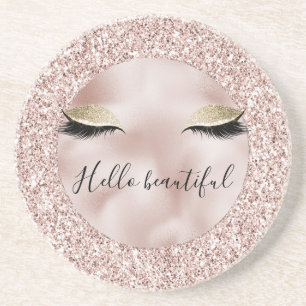 Glitzy Blush Pink Glitter Gold Eyelashes Coaster
