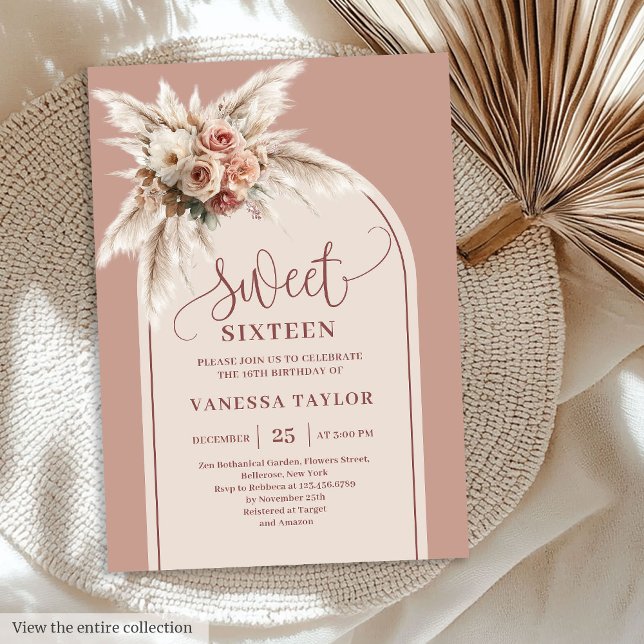 Glitzy Boho Arch Pastel Pink Pampas Floral Sixteen Invitation (Glitzy Boho Arch Pastel Pink Pampas Floral Sixteen)