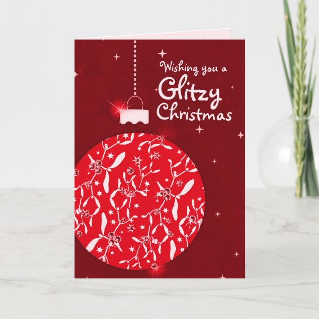 Glitzy Christmas sparkle bauble red card (Front)