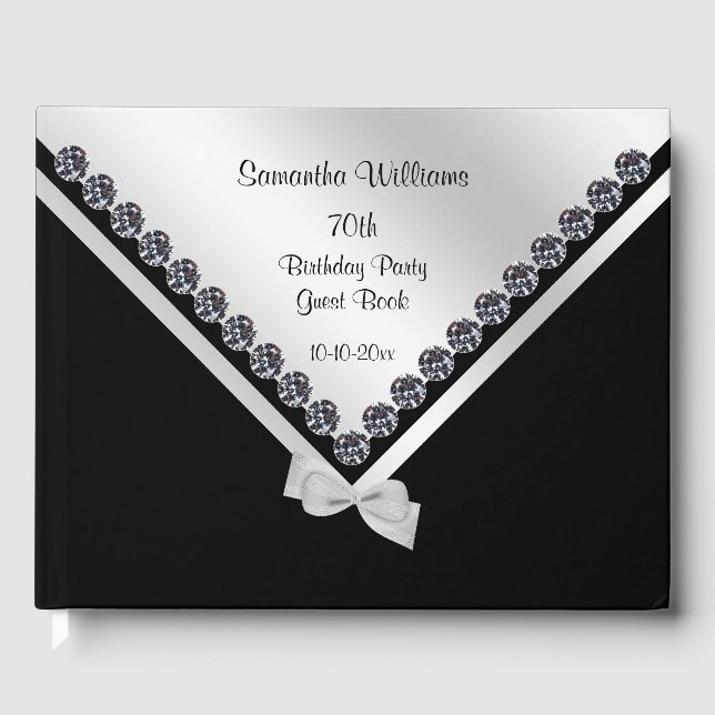 Glitzy Diamonds & Silver Bow 70th Birthday Guest Book (Front)