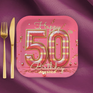 Glitzy Elegant Striped Pink & Gold 50th Birthday Paper Plate