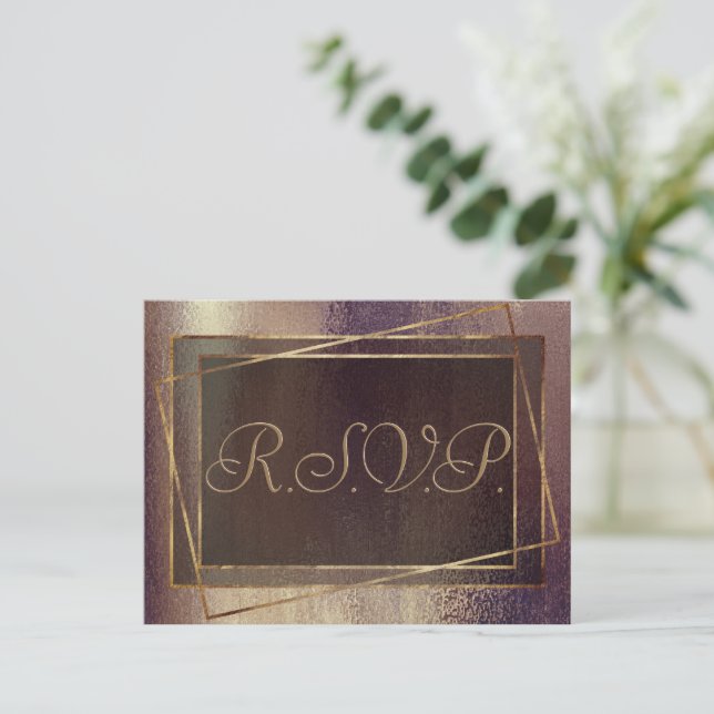 Glitzy Foil | Golden Bronze Copper Faux Glam RSVP Invitation Postcard (Standing Front)