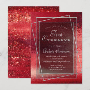 Glitzy Foil   Henna Crimson Red First Communion Invitation