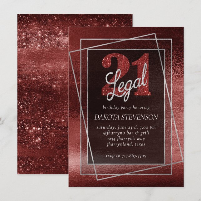 Glitzy Foil | Henna Crimson Red Glam 21 and Legal Invitation (Front/Back)