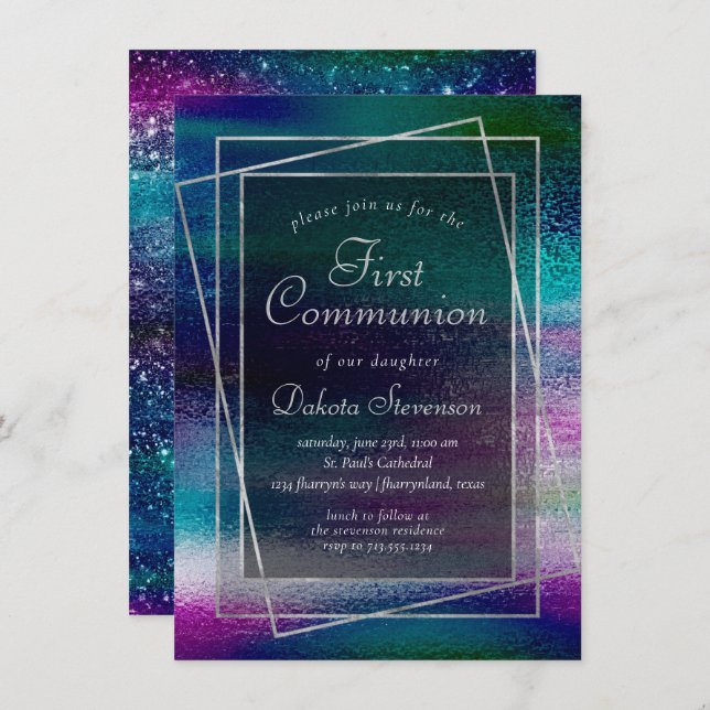 Glitzy Foil | Holographic Ombre First Communion Invitation (Front/Back)