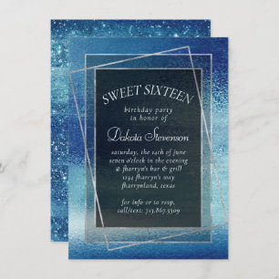 Glitzy Foil   Ice Blue Faux Iridescent Sweet 16 Invitation