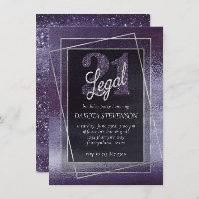 Glitzy Foil | Indigo Midnight Purple 21 and Legal Invitation (Front/Back)
