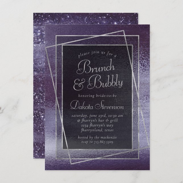 Glitzy Foil | Indigo Midnight Purple Bubbly Brunch Invitation (Front/Back)