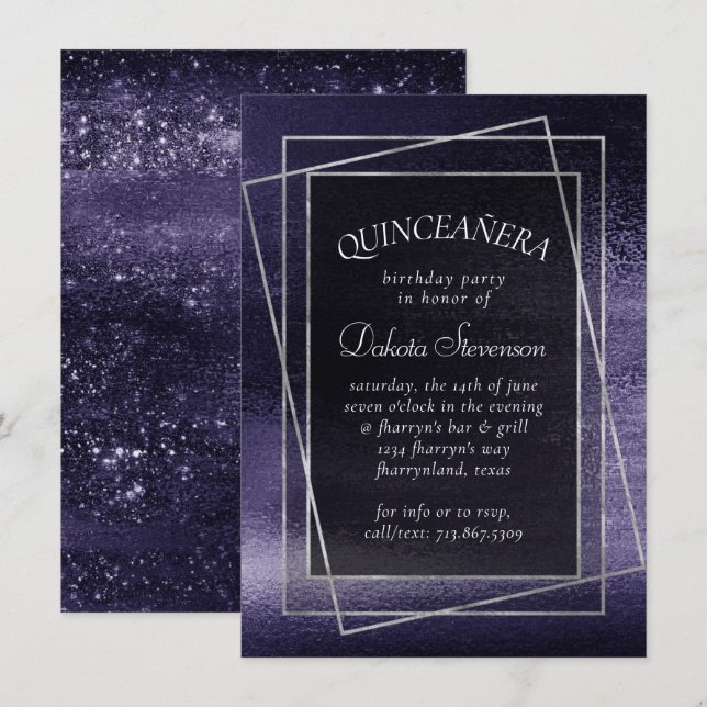 Glitzy Foil | Indigo Midnight Purple Quinceanera Invitation (Front/Back)
