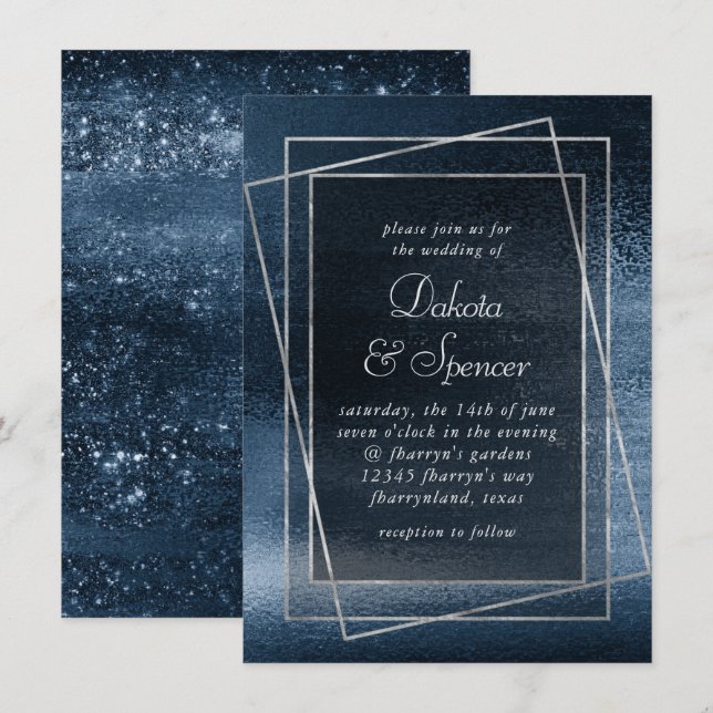 Glitzy Foil | Navy Blue Faux Glam Metallic Wedding Invitation (Front/Back)