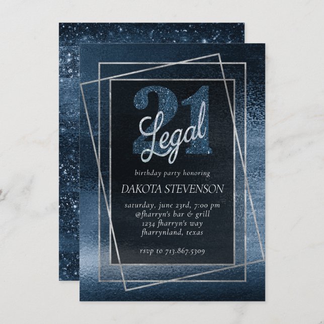 Glitzy Foil | Navy Blue Faux Glitter 21 and Legal Invitation (Front/Back)
