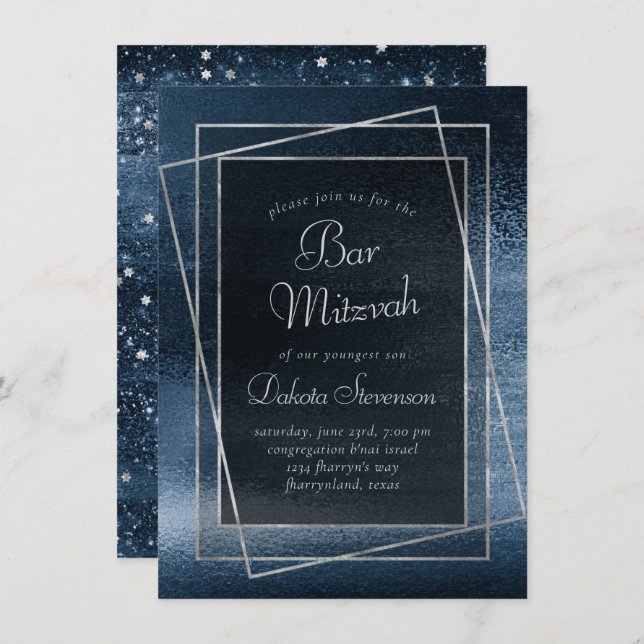 Glitzy Foil | Navy Blue Faux Glitter Bat Mitzvah Invitation (Front/Back)