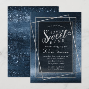 Glitzy Foil Navy Blue Sparkle Home Sweet Home Invitation