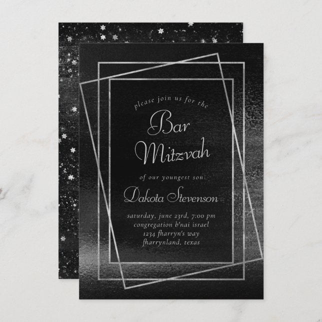 Glitzy Foil | Platinum Silver Bar or Bat Mitzvah Invitation (Front/Back)