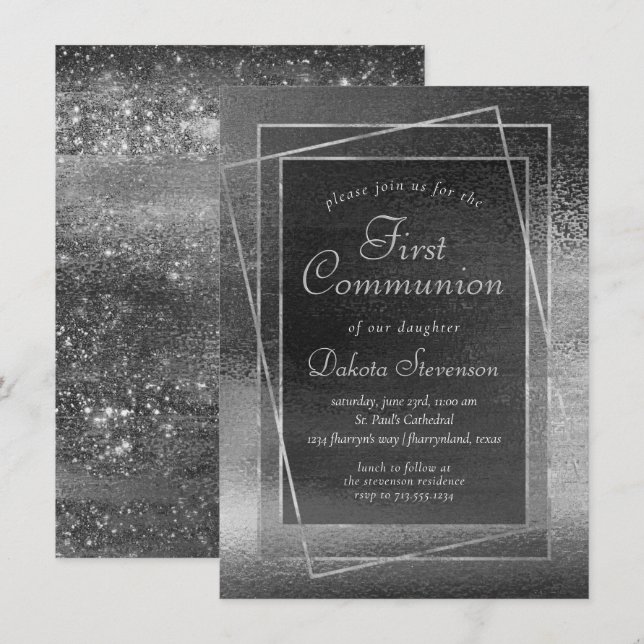 Glitzy Foil | Platinum Silver Shine 1st Communion Invitation (Front/Back)