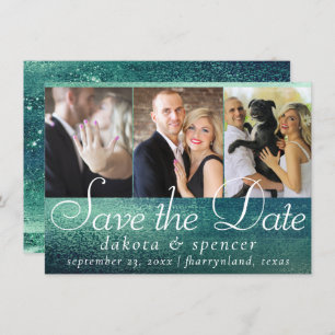 Glitzy Foil   Seafoam Green Aqua Sparkle 3 Photo Save The Date