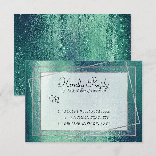 Glitzy Foil | Seafoam Green Faux Metallic Sparkle RSVP Card (Front/Back)