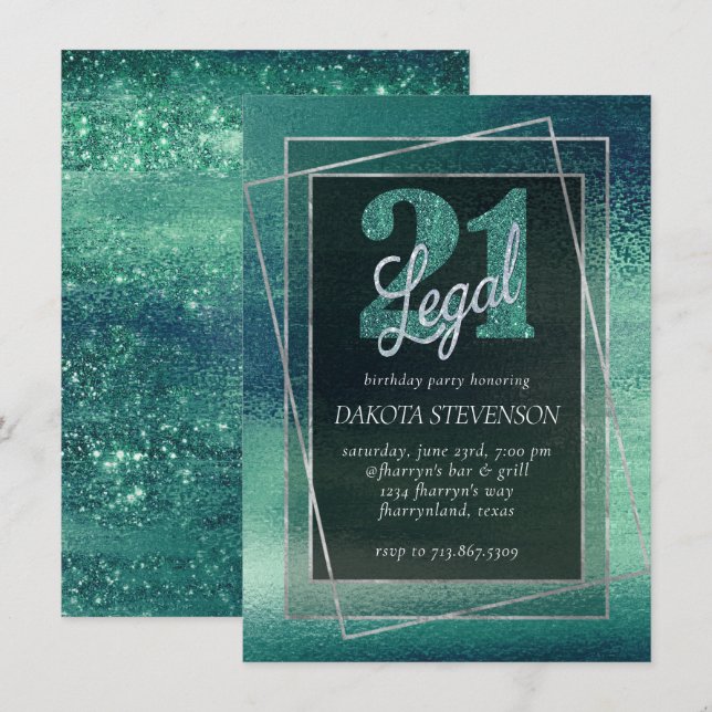 Glitzy Foil | Seafoam Iridescent 21 and Legal Invitation (Front/Back)