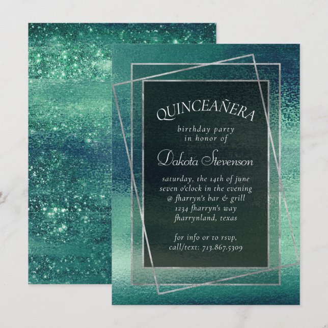 Glitzy Foil | Seafoam Iridescent Green Quinceanera Invitation (Front/Back)