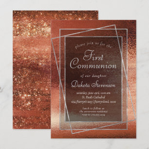 Glitzy Foil Terra Cotta Orange First Communion Invitation