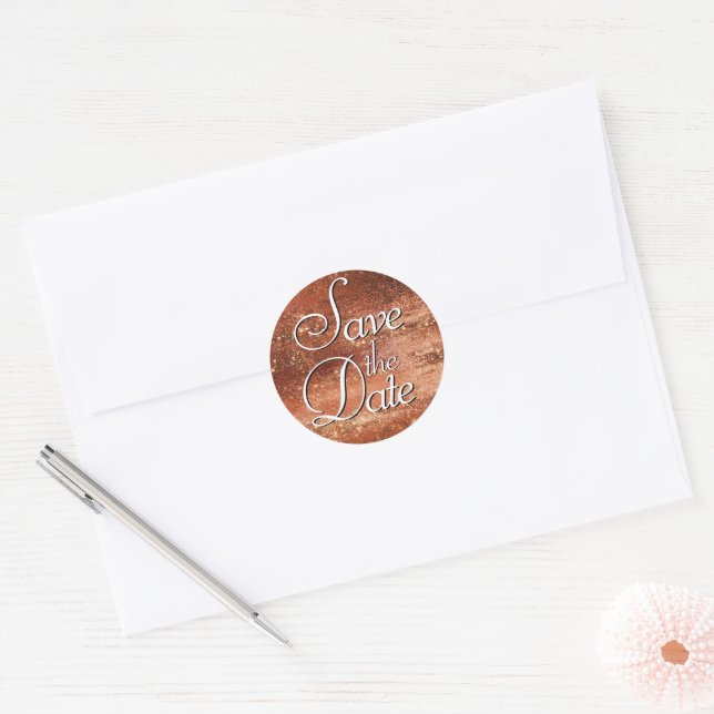 Glitzy Foil | Terra Cotta Orange Save the Date Classic Round Sticker (Envelope)