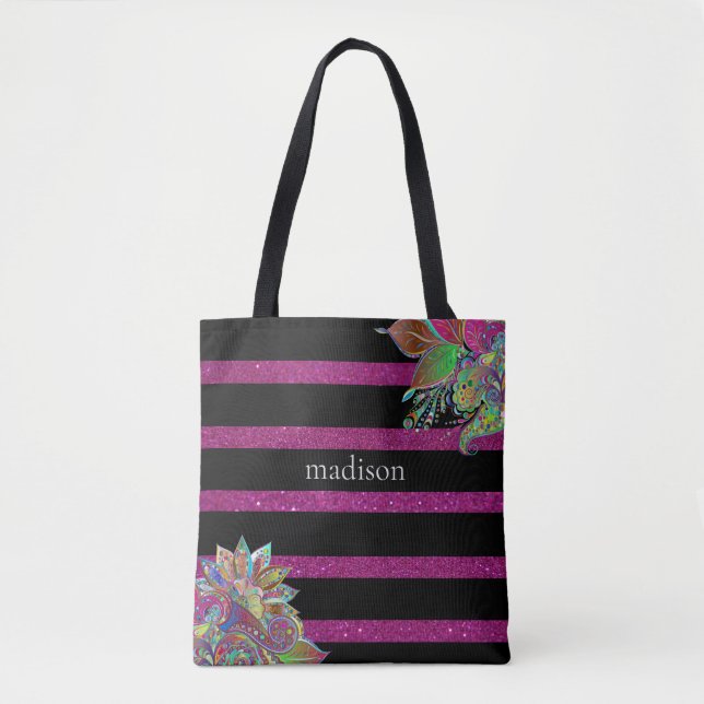 Glitzy Fuchsia Black Personalized Tote Bag (Front)