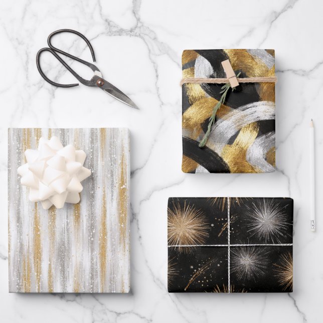 Glitzy Glam Gold Black Silver Christmas   Wrapping Paper Sheet (Front)