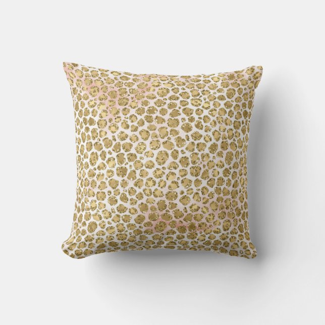 Glitzy Glam Gold Blush Glitter Leopard Print       Throw Pillow (Front)