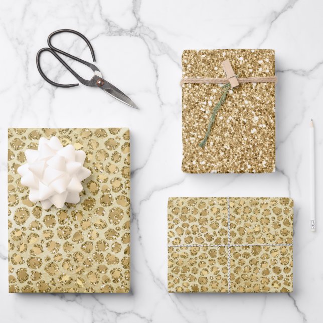 Glitzy Glam Gold Glitter Leopard Print Wrapping Paper Sheet (Front)