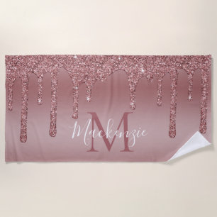 Glitzy GlamRose Gold Dripping Glitter Monogram Beach Towel