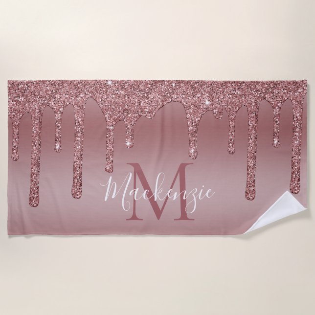 Glitzy GlamRose Gold Dripping Glitter Monogram Beach Towel (Front)