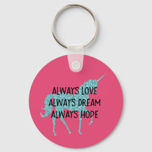 Glitzy Glitter Aqua Unicorn Inspirational quote Keychain