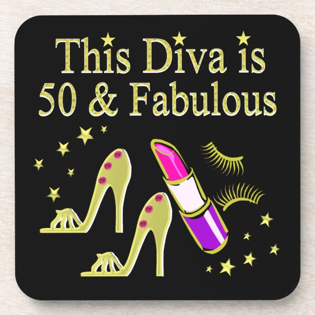 GLITZY GOLD 50TH BIRTHDAY DIVA DESIGN COASTER (Front)