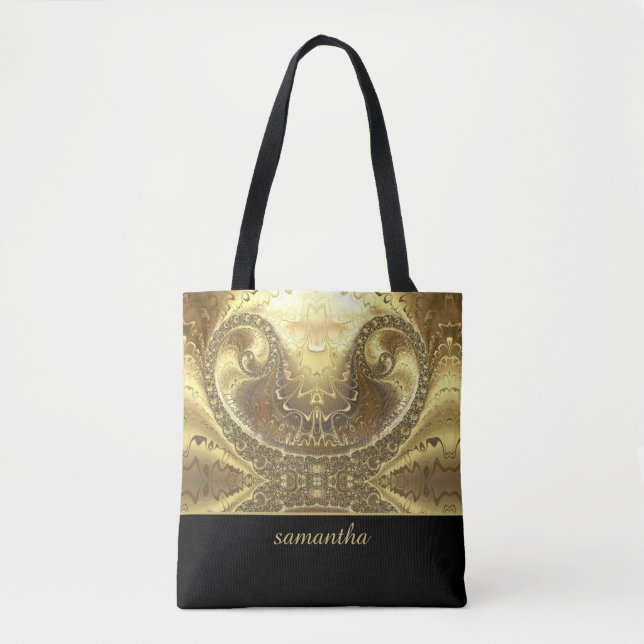 Glitzy Gold and Black Monogram Tote Bag (Front)