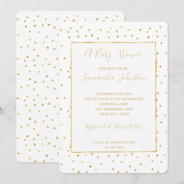 Glitzy Gold and White Confetti Baby Shower Invitation (Front/Back)