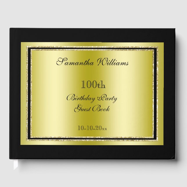 Glitzy Gold & Black Framed 100th Birthday Guest Book (Front)
