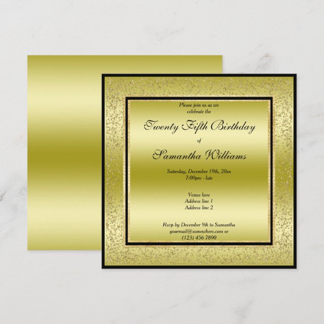Glitzy Gold & Black, Gold Glitter Frame Birthday Invitation (Front/Back)