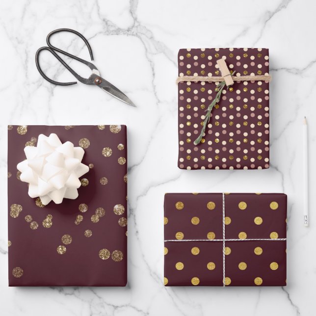 Glitzy Gold Glam Burgundy Dots Wrapping Paper Sheet (Front)