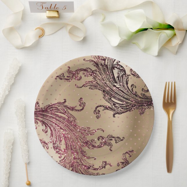 Glitzy Gold Glam Burgundy Hearts Bridal Shower Paper Plate (Wedding)