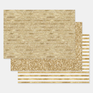 Glitzy Gold Glam Glitter Stripes  Wrapping Paper Sheet