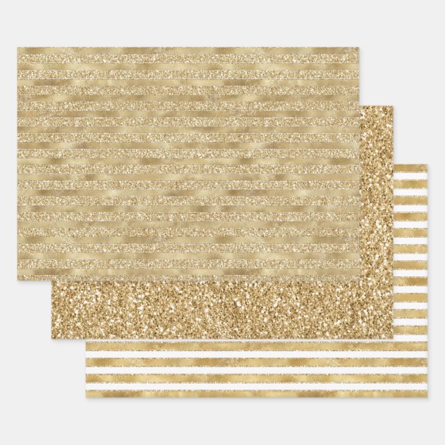 Glitzy Gold Glam Glitter Stripes  Wrapping Paper Sheet (Set)