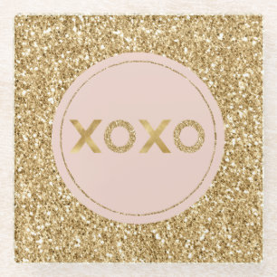 Glitzy Gold Glitter Blush Pink Love XOXO Glass Coaster