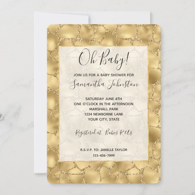 Glitzy Gold Glitter Giraffe Print Invitation (Front)