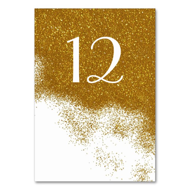 Glitzy Gold Glitter Look Wedding Table Number Card (Front)